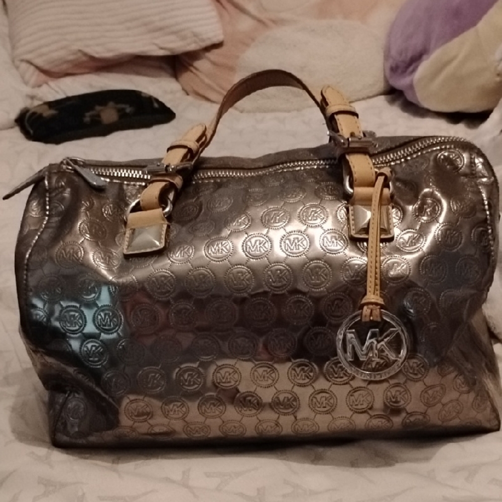 Michael Kors Metallic Pewter Satchel with Tan Handles Some Peeling On Interior